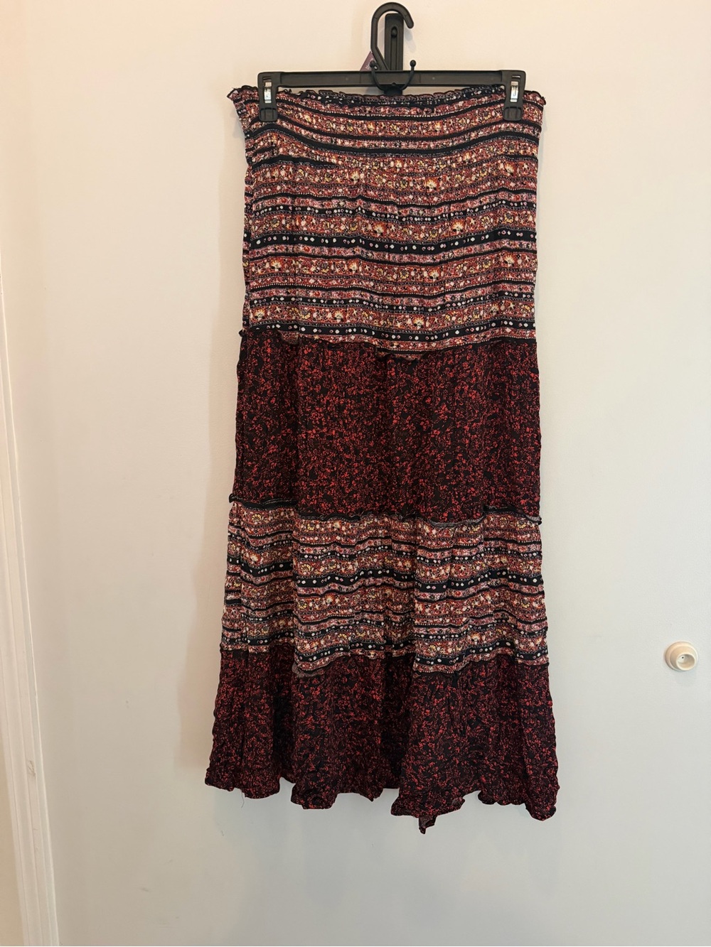 Mossimo Supply Co. Burgundy and Black Patterned Tiered Maxi Skirt